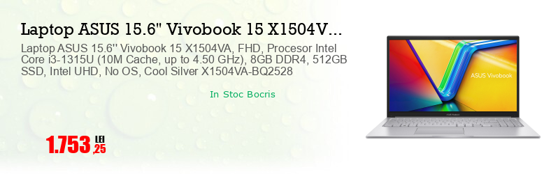 Laptop ASUS 15.6'' Vivobook 15 X1504VA, FHD, Procesor Intel Core i3-1315U (10M Cache, up to 4.50 GHz), 8GB DDR4, 512GB SSD, Intel UHD, No OS, Cool Silver X1504VA-BQ2528