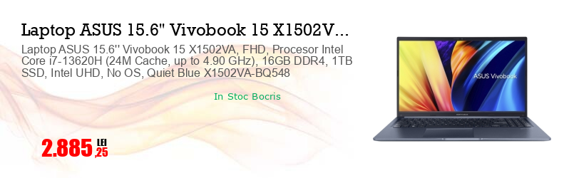 Laptop ASUS 15.6'' Vivobook 15 X1502VA, FHD, Procesor Intel Core i7-13620H (24M Cache, up to 4.90 GHz), 16GB DDR4, 1TB SSD, Intel UHD, No OS, Quiet Blue X1502VA-BQ548