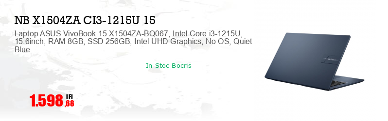 Laptop ASUS VivoBook 15 X1504ZA-BQ067, Intel Core i3-1215U, 15.6inch, RAM 8GB, SSD 256GB, Intel UHD Graphics, No OS, Quiet Blue