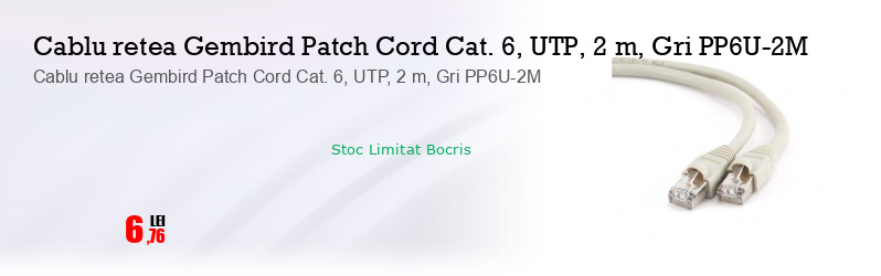 Cablu retea Gembird Patch Cord Cat. 6, UTP, 2 m, Gri PP6U-2M