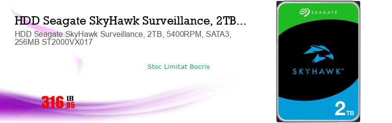HDD Seagate SkyHawk Surveillance, 2TB, 5400RPM, SATA3, 256MB ST2000VX017