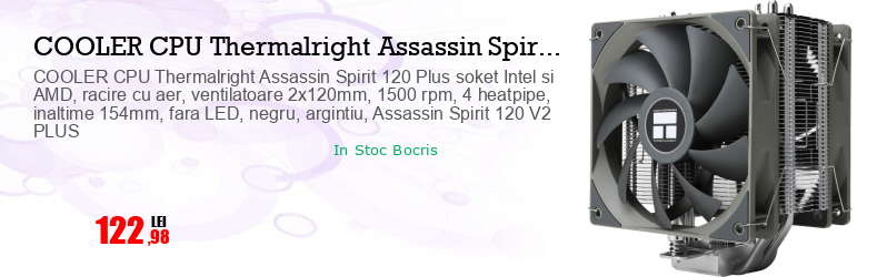 COOLER CPU Thermalright Assassin Spirit 120 Plus soket Intel si AMD, racire cu aer, ventilatoare 2x120mm, 1500 rpm, 4 heatpipe, inaltime 154mm, fara LED, negru, argintiu, Assassin Spirit 120 V2 PLUS