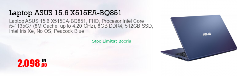 Laptop ASUS 15.6 X515EA-BQ851, FHD, Procesor Intel Core i5-1135G7 (8M Cache, up to 4.20 GHz), 8GB DDR4, 512GB SSD, Intel Iris Xe, No OS, Peacock Blue