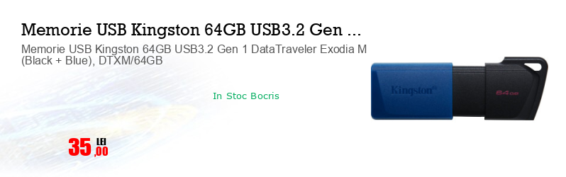 Memorie USB Kingston 64GB USB3.2 Gen 1 DataTraveler Exodia M (Black + Blue), DTXM/64GB