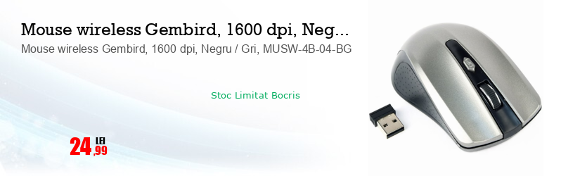 Mouse wireless Gembird, 1600 dpi, Negru / Gri, MUSW-4B-04-BG