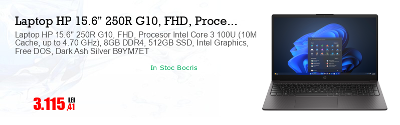 Laptop HP 15.6'' 250R G10, FHD, Procesor Intel Core 3 100U (10M Cache, up to 4.70 GHz), 8GB DDR4, 512GB SSD, Intel Graphics, Free DOS, Dark Ash Silver B9YM7ET