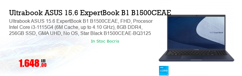 Ultrabook ASUS 15.6 ExpertBook B1 B1500CEAE, FHD, Procesor Intel Core i3-1115G4 (6M Cache, up to 4.10 GHz), 8GB DDR4, 256GB SSD, GMA UHD, No OS, Star Black B1500CEAE-BQ3125
