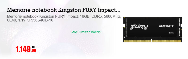 Memorie notebook Kingston FURY Impact, 16GB, DDR5, 5600MHz, CL40, 1.1v KF556S40IB-16