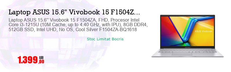 Laptop ASUS 15.6'' Vivobook 15 F1504ZA, FHD, Procesor Intel Core i3-1215U (10M Cache, up to 4.40 GHz, with IPU), 8GB DDR4, 512GB SSD, Intel UHD, No OS, Cool Silver F1504ZA-BQ1618