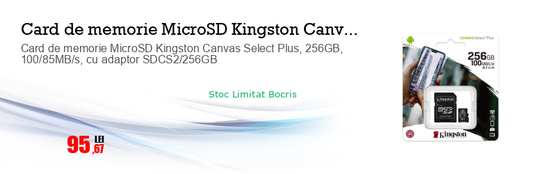 Card de memorie MicroSD Kingston Canvas Select Plus, 256GB, 100/85MB/s, cu adaptor SDCS2/256GB