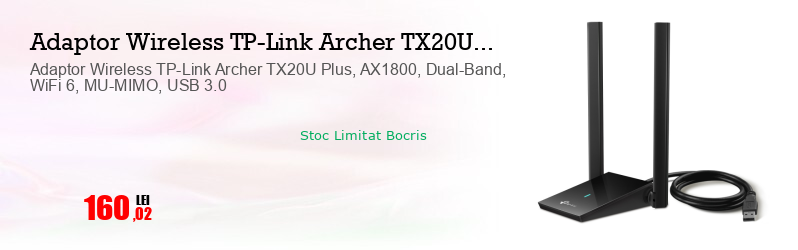 Adaptor Wireless TP-Link Archer TX20U Plus, AX1800, Dual-Band, WiFi 6, MU-MIMO, USB 3.0