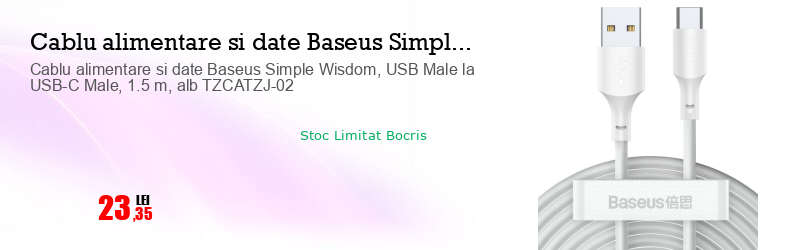 Cablu alimentare si date Baseus Simple Wisdom, USB Male la USB-C Male, 1.5 m, alb TZCATZJ-02