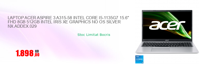 LAPTOP ACER ASPIRE 3 A315-58 INTEL CORE I5-1135G7 15.6" FHD 8GB 512GB INTEL IRIS XE GRAPHICS NO OS SILVER NX.ADDEX.029