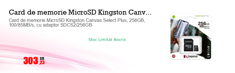 Card de memorie MicroSD Kingston Canvas Select Plus, 256GB, 100/85MB/s, cu adaptor SDCS2/256GB