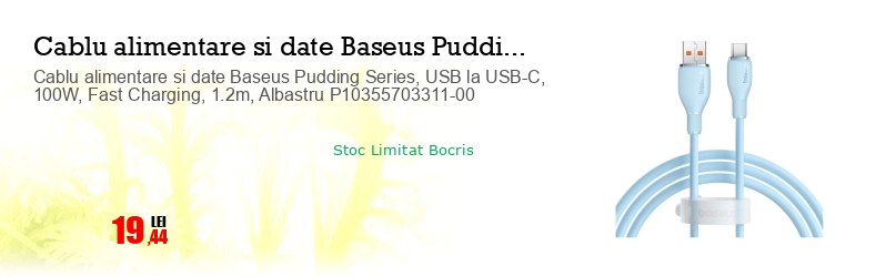 Cablu alimentare si date Baseus Pudding Series, USB la USB-C, 100W, Fast Charging, 1.2m, Albastru P10355703311-00