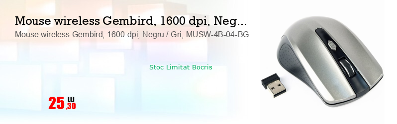 Mouse wireless Gembird, 1600 dpi, Negru / Gri, MUSW-4B-04-BG