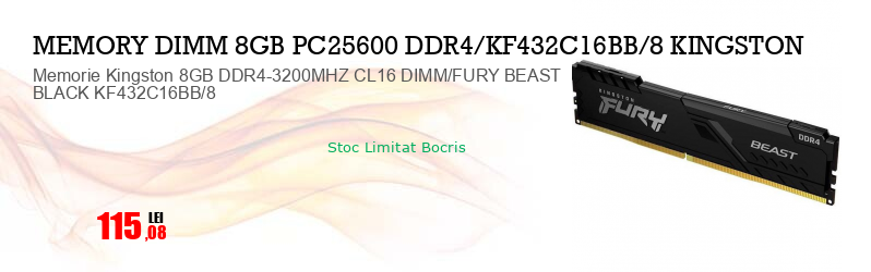 Memorie Kingston 8GB DDR4-3200MHZ CL16 DIMM/FURY BEAST BLACK KF432C16BB/8