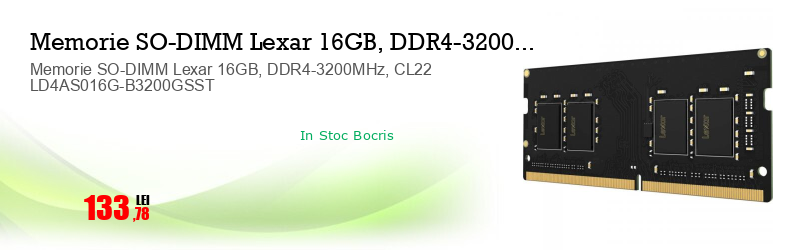 Memorie SO-DIMM Lexar 16GB, DDR4-3200MHz, CL22 LD4AS016G-B3200GSST   