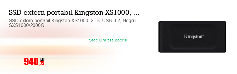 SSD extern portabil Kingston XS1000, 2TB, USB 3.2, Negru SXS1000/2000G
