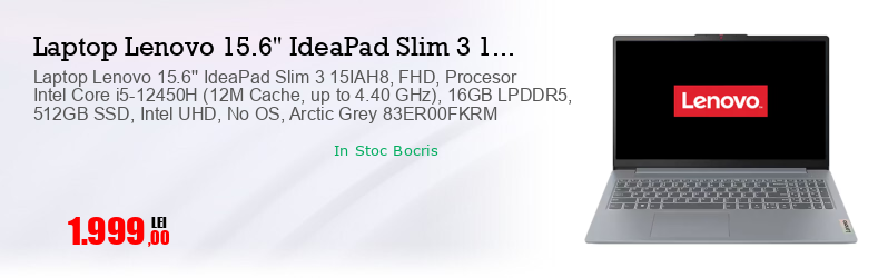 Laptop Lenovo 15.6'' IdeaPad Slim 3 15IAH8, FHD, Procesor Intel Core i5-12450H (12M Cache, up to 4.40 GHz), 16GB LPDDR5, 512GB SSD, Intel UHD, No OS, Arctic Grey 83ER00FKRM