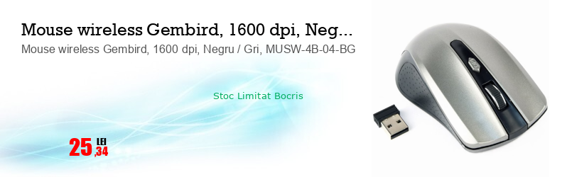 Mouse wireless Gembird, 1600 dpi, Negru / Gri, MUSW-4B-04-BG