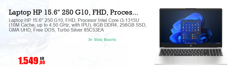 Laptop HP 15.6'' 250 G10, FHD, Procesor Intel Core i3-1315U (10M Cache, up to 4.50 GHz, with IPU), 8GB DDR4, 256GB SSD, GMA UHD, Free DOS, Turbo Silver 85C53EA