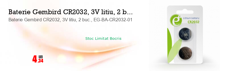 Baterie Gembird CR2032, 3V litiu, 2 buc., EG-BA-CR2032-01