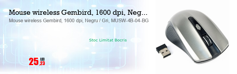 Mouse wireless Gembird, 1600 dpi, Negru / Gri, MUSW-4B-04-BG