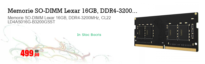 Memorie SO-DIMM Lexar 16GB, DDR4-3200MHz, CL22 LD4AS016G-B3200GSST