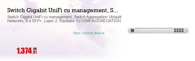 Switch Gigabit UniFi cu management, Switch Aggregation Ubiquiti Networks, 8 x SFP+, Layer 2, Rackabil 1U USW-AGGREGATION