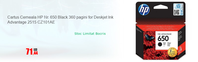 Cartus Cerneala HP Nr. 650 Black 360 pagini for Deskjet Ink Advantage 2515 CZ101AE