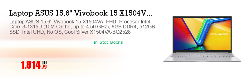 Laptop ASUS 15.6'' Vivobook 15 X1504VA, FHD, Procesor Intel Core i3-1315U (10M Cache, up to 4.50 GHz), 8GB DDR4, 512GB SSD, Intel UHD, No OS, Cool Silver X1504VA-BQ2528