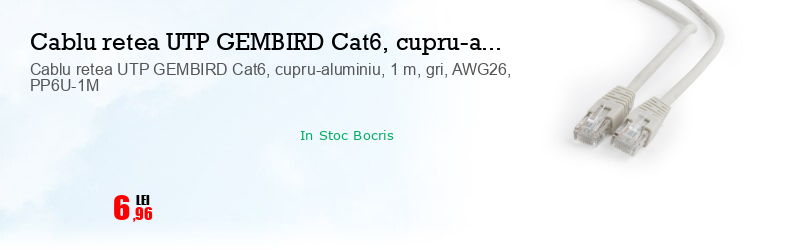Cablu retea UTP GEMBIRD Cat6, cupru-aluminiu, 1 m, gri, AWG26, PP6U-1M