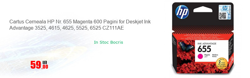 Cartus Cerneala HP Nr. 655 Magenta 600 Pagini for Deskjet Ink Advantage 3525, 4615, 4625, 5525, 6525 CZ111AE
