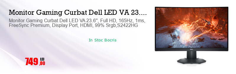 Monitor Gaming Curbat Dell LED VA 23.6'', Full HD, 165Hz, 1ms, FreeSync Premium, Display Port, HDMI, 99% Srgb,S2422HG  