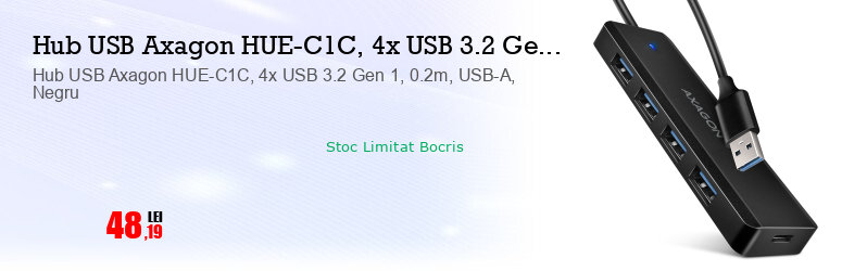 Hub USB Axagon HUE-C1C, 4x USB 3.2 Gen 1, 0.2m, USB-A, Negru