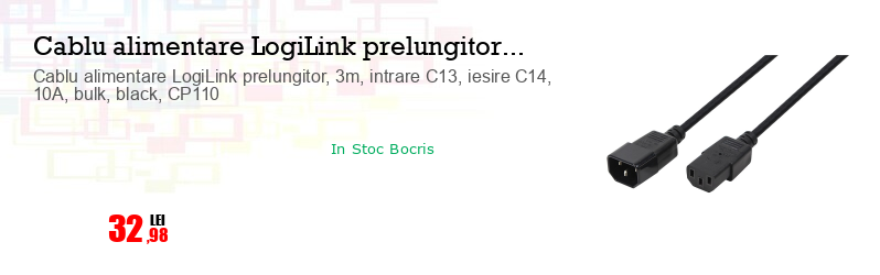 Cablu alimentare LogiLink prelungitor, 3m, intrare C13, iesire C14, 10A, bulk, black, CP110