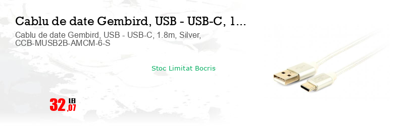 Cablu de date Gembird, USB - USB-C, 1.8m, Silver, CCB-MUSB2B-AMCM-6-S