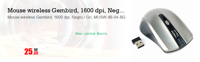 Mouse wireless Gembird, 1600 dpi, Negru / Gri, MUSW-4B-04-BG
