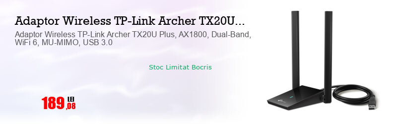 Adaptor Wireless TP-Link Archer TX20U Plus, AX1800, Dual-Band, WiFi 6, MU-MIMO, USB 3.0