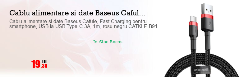 Cablu alimentare si date Baseus Cafule, Fast Charging pentru smartphone, USB la USB Type-C 3A, 1m, rosu-negru CATKLF-B91