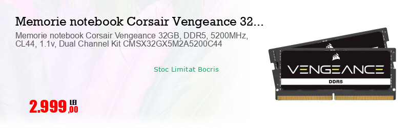 Memorie notebook Corsair Vengeance 32GB, DDR5, 5200MHz, CL44, 1.1v, Dual Channel Kit CMSX32GX5M2A5200C44