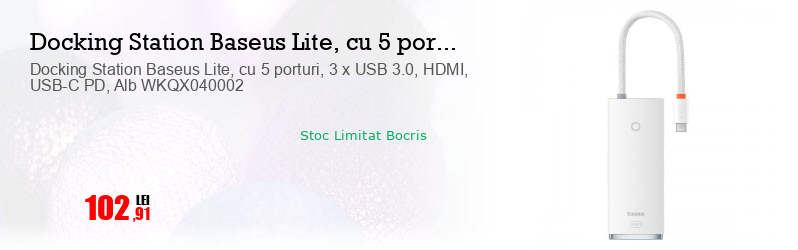 Docking Station Baseus Lite, cu 5 porturi, 3 x USB 3.0, HDMI, USB-C PD, Alb WKQX040002