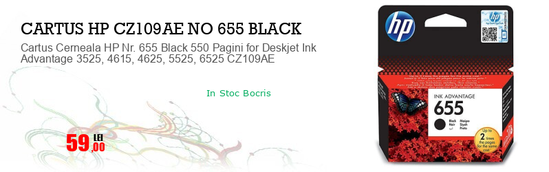 Cartus Cerneala HP Nr. 655 Black 550 Pagini for Deskjet Ink Advantage 3525, 4615, 4625, 5525, 6525 CZ109AE