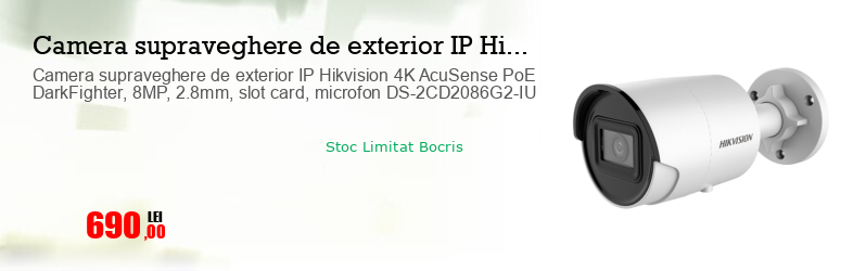 Camera supraveghere de exterior IP Hikvision 4K AcuSense PoE DarkFighter, 8MP, 2.8mm, slot card, microfon DS-2CD2086G2-IU