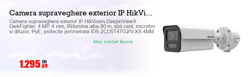 Camera supraveghere exterior IP HikVision DeepinViewX DarkFighter, 4 MP, 4 mm, IR/lumina alba 80 m, slot card, microfon si difuzor, PoE, protectie perimetrala IDS-2CD5T47G2/V-XS 4MM