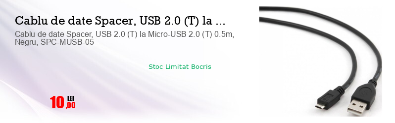 Cablu de date Spacer, USB 2.0 (T) la Micro-USB 2.0 (T) 0.5m, Negru, SPC-MUSB-05