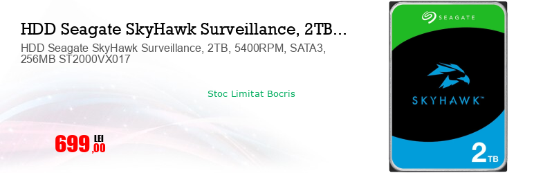 HDD Seagate SkyHawk Surveillance, 2TB, 5400RPM, SATA3, 256MB ST2000VX017