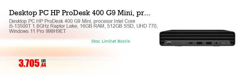 Desktop PC HP ProDesk 400 G9 Mini, procesor Intel Core i5-13500T 1.6GHz Raptor Lake, 16GB RAM, 512GB SSD, UHD 770, Windows 11 Pro 998H9ET