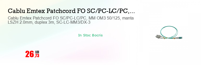 Cablu Emtex Patchcord FO SC/PC-LC/PC, MM OM3 50/125, manta LSZH 2.0mm, duplex 3m, SC-LC-MM3/DX-3